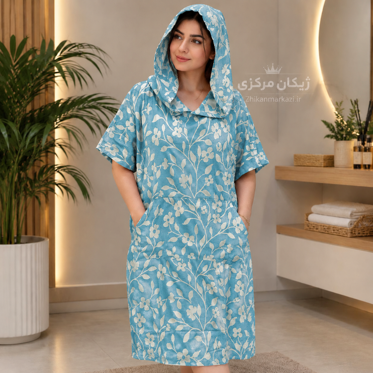 حوله پانچو ژاکارد نخی یزدی زنانه و مردانه رنگ فیروزه ای